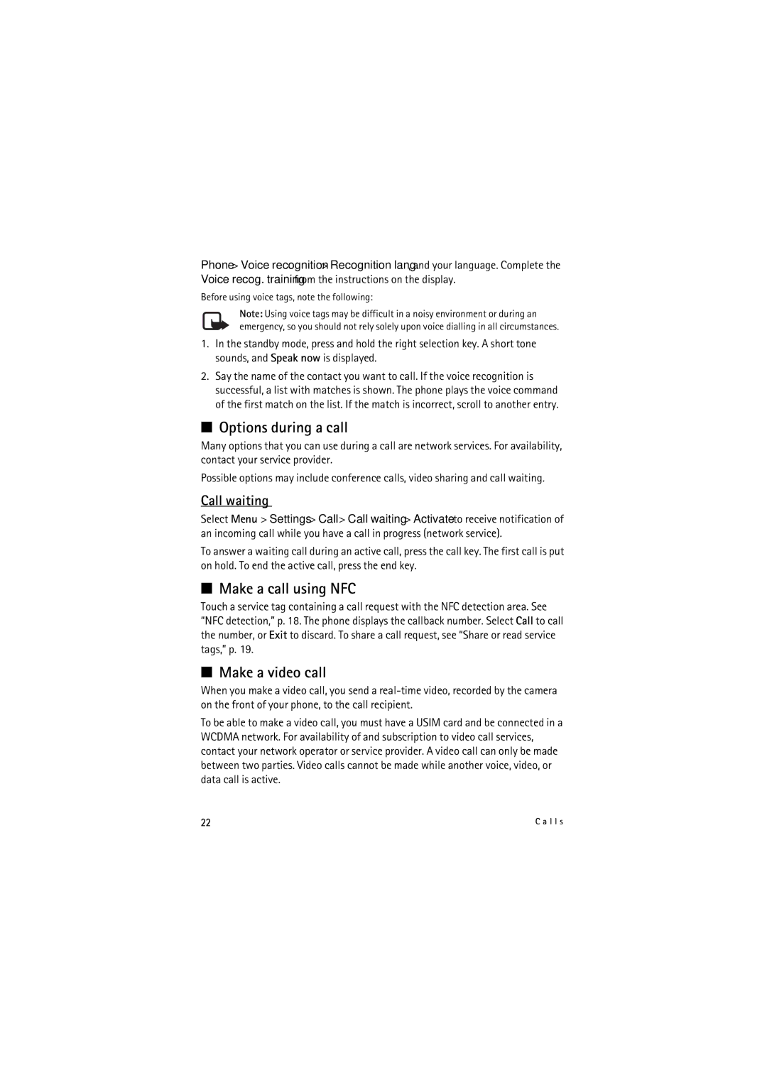 Nokia 6212 manual Options during a call, Make a call using NFC, Make a video call, Call waiting 