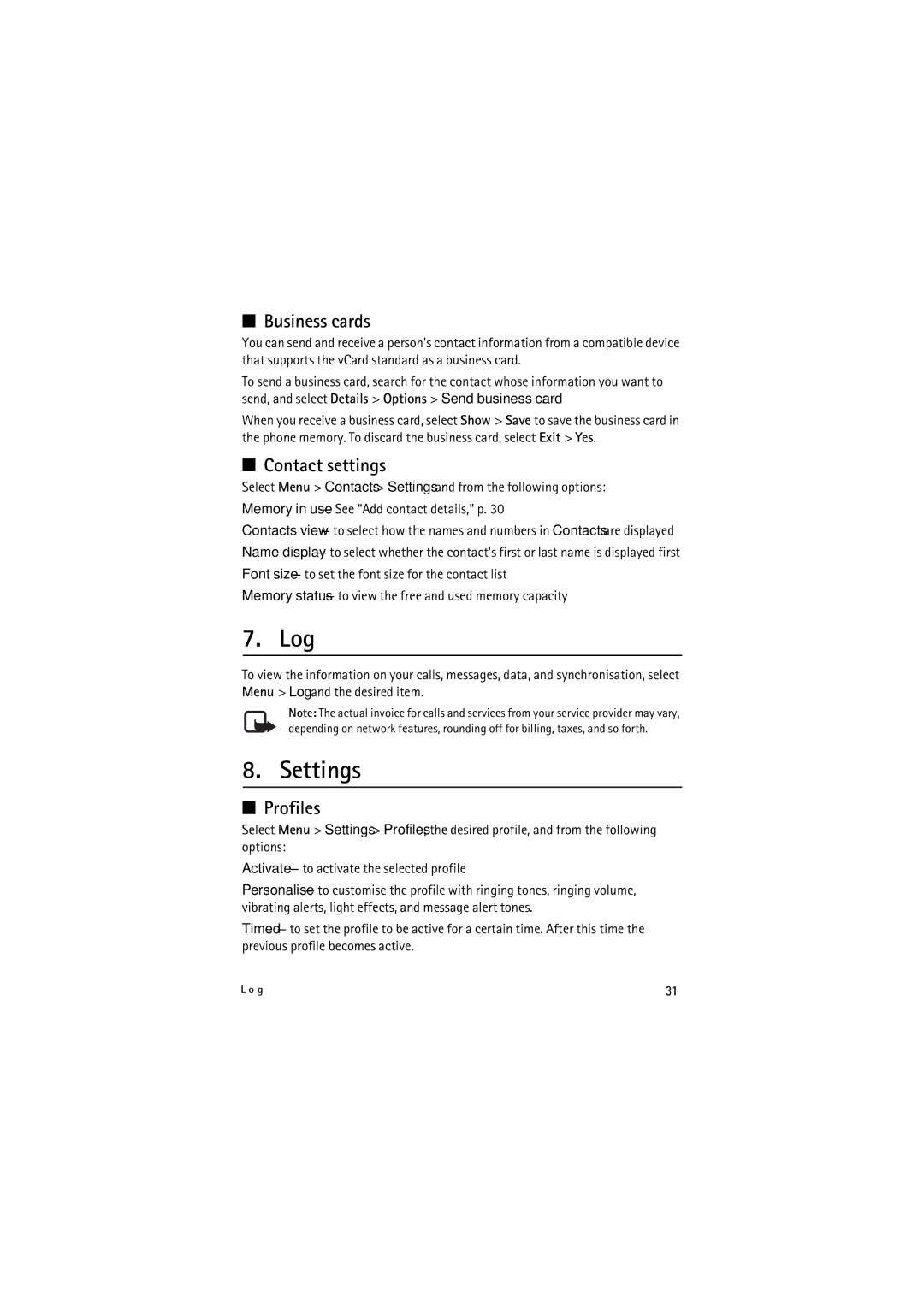 Nokia 6212 manual Log, Settings, Business cards, Contact settings, Profiles 