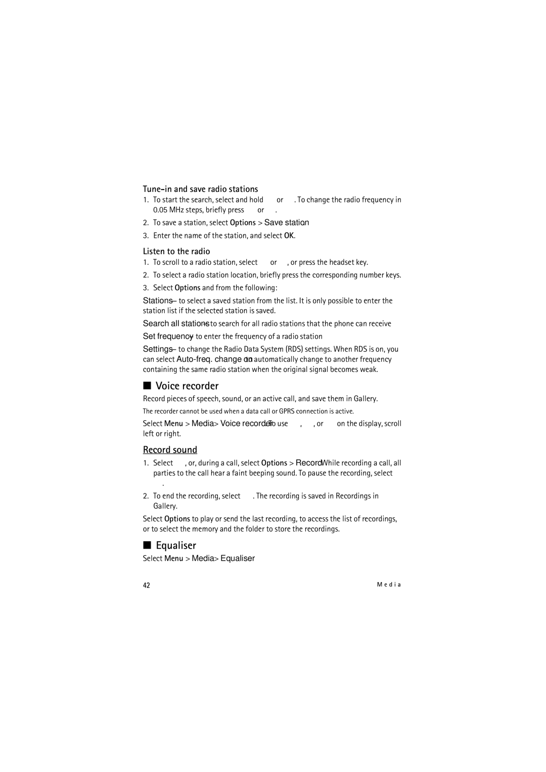 Nokia 6212 manual Voice recorder, Equaliser, Record sound, Set frequency to enter the frequency of a radio station 