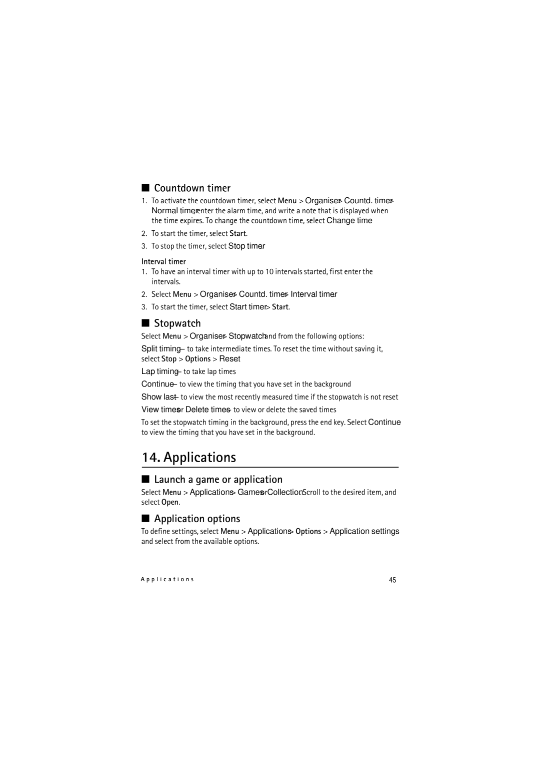 Nokia 6212 manual Applications, Countdown timer, Stopwatch, Launch a game or application, Application options 