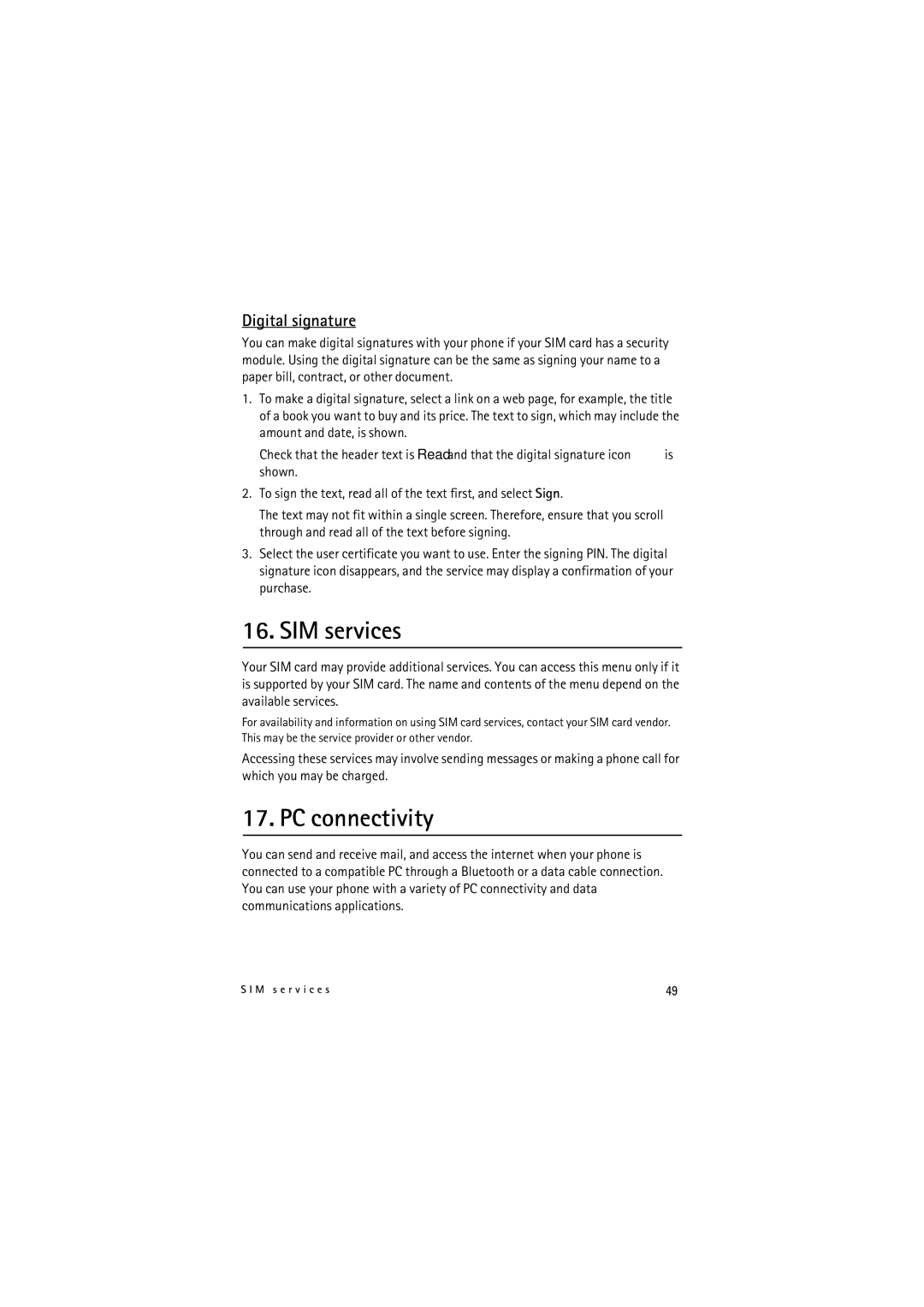 Nokia 6212 manual SIM services, PC connectivity, Digital signature 