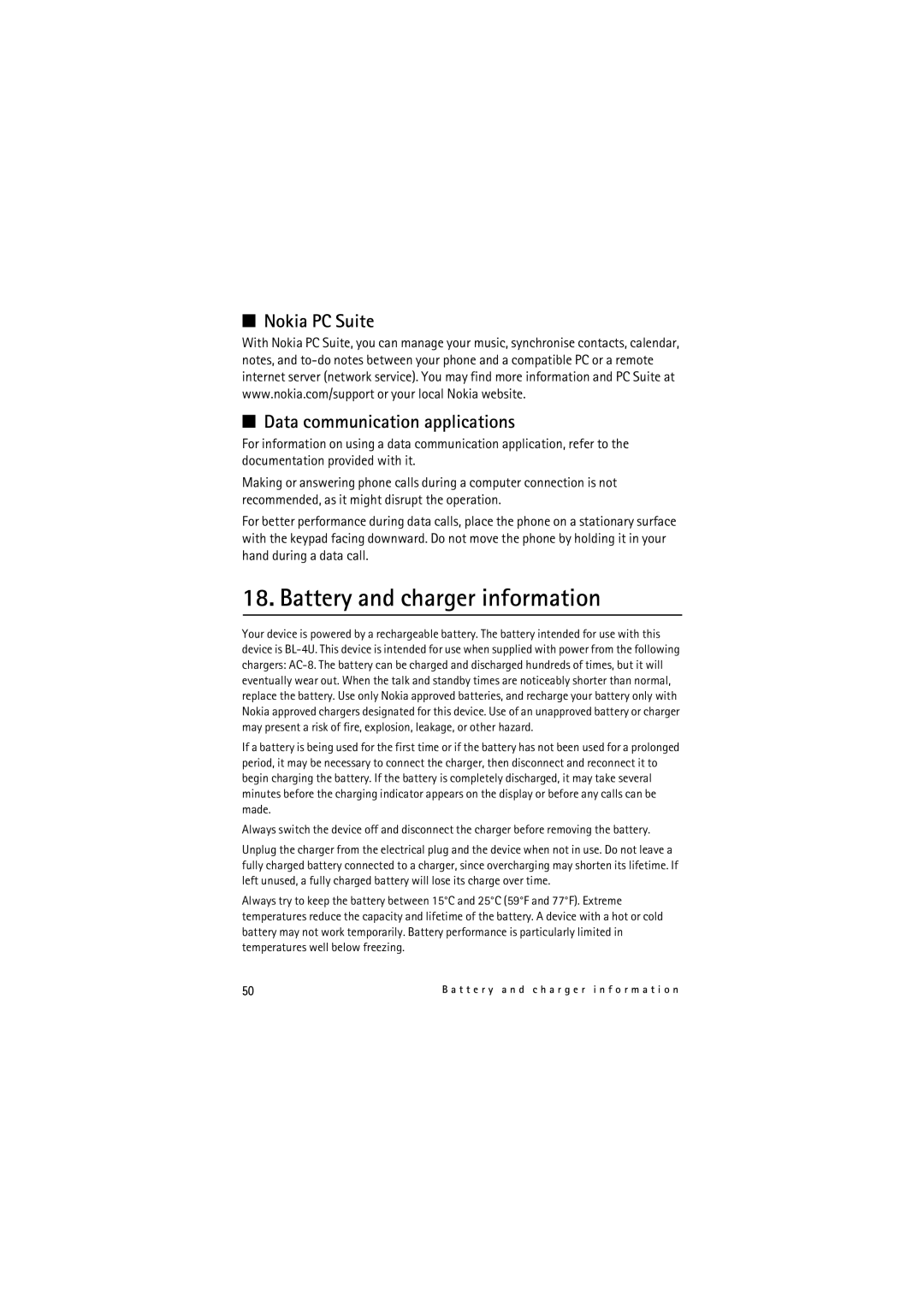 Nokia 6212 manual Battery and charger information, Nokia PC Suite Data communication applications 