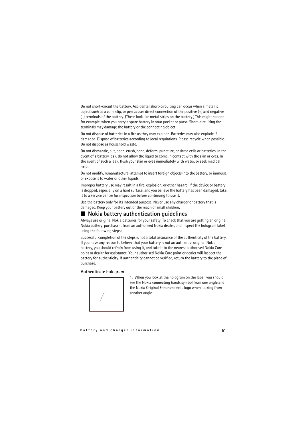 Nokia 6212 manual Nokia battery authentication guidelines, Authenticate hologram 