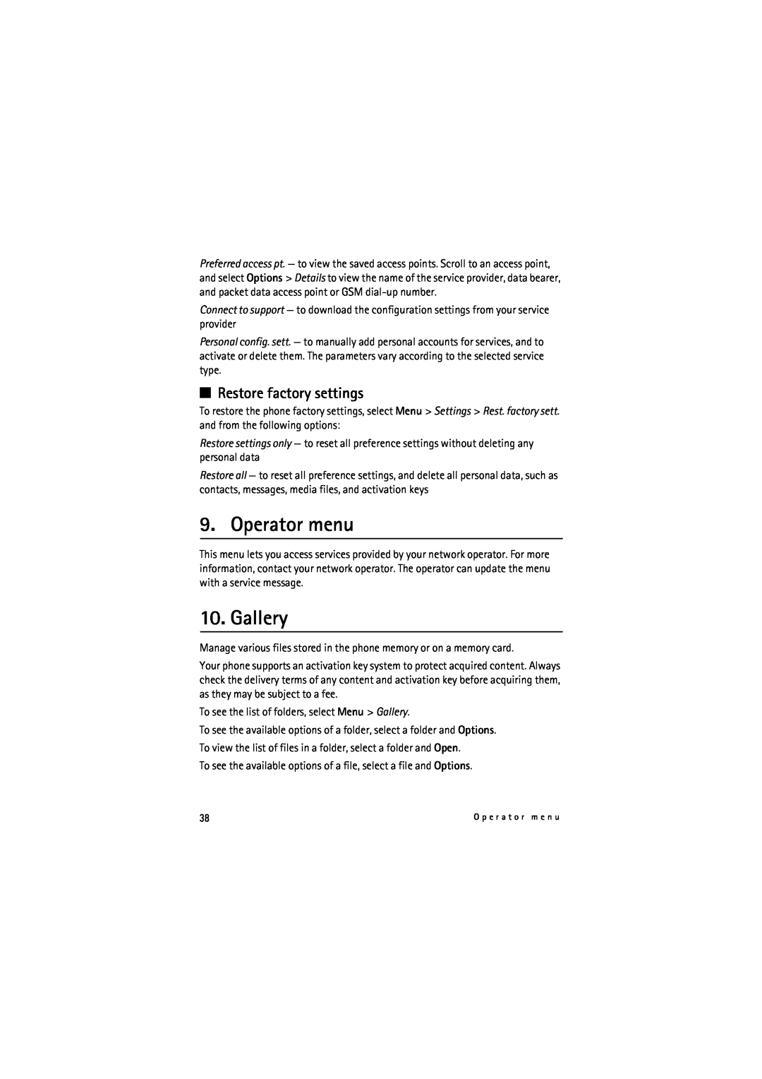 Nokia 6212 manual Operator menu, Gallery, Restore factory settings 