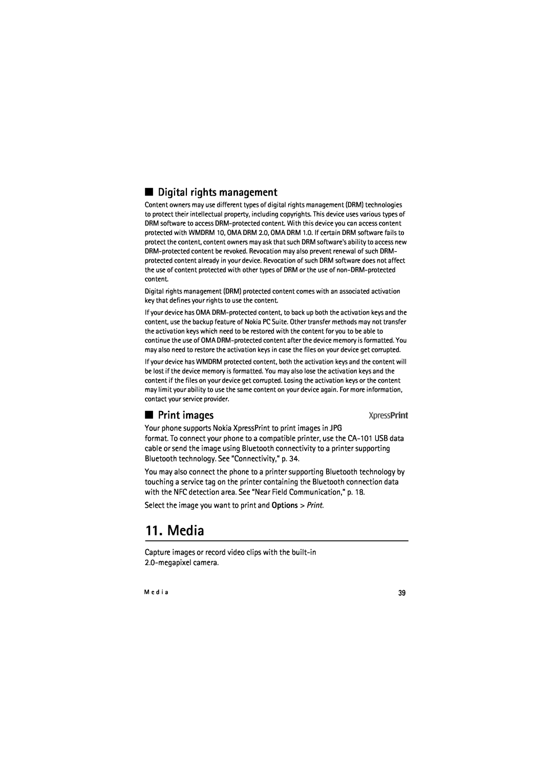 Nokia 6212 manual Media, Digital rights management, Print images 