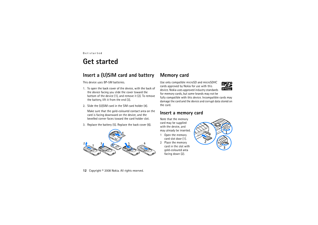Nokia 6220 manual Get started, Memory card, Insert a Usim card and battery, Insert a memory card 