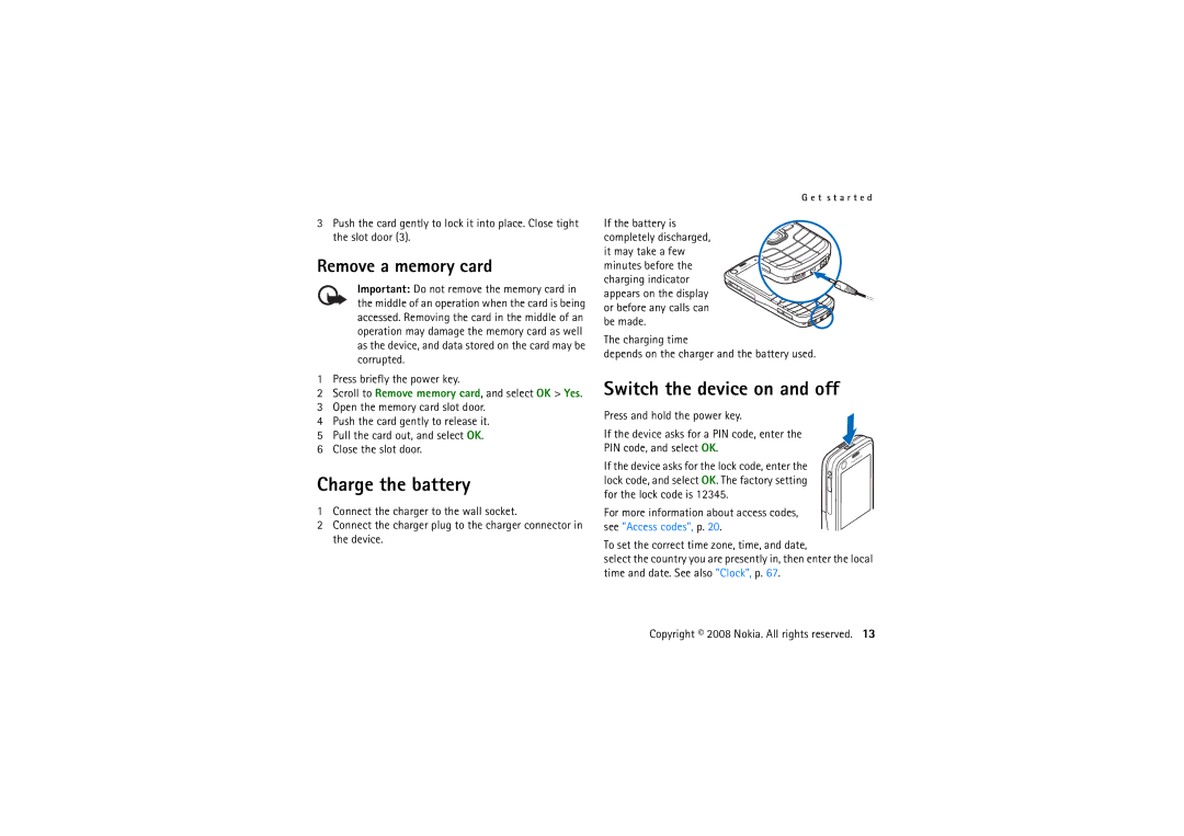 Nokia 6220 manual Charge the battery, Switch the device on and off, Remove a memory card 