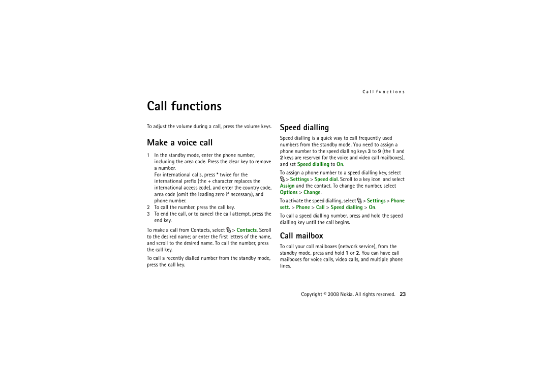 Nokia 6220 manual Call functions, Make a voice call, Speed dialling, Call mailbox 