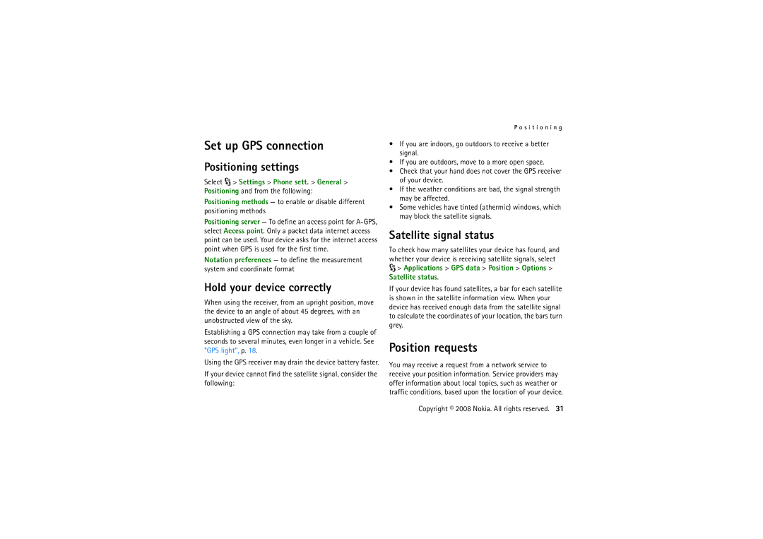 Nokia 6220 manual Set up GPS connection, Position requests, Positioning settings, Hold your device correctly 