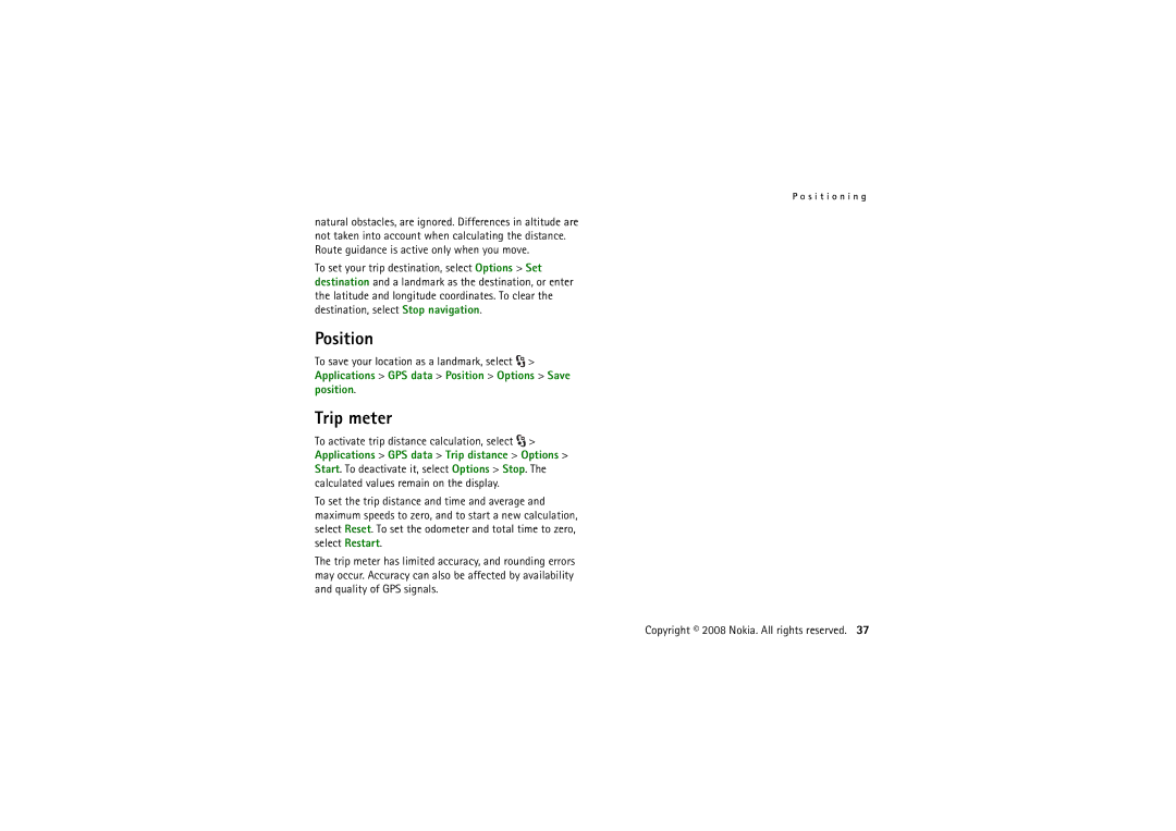 Nokia 6220 manual Position, Trip meter 