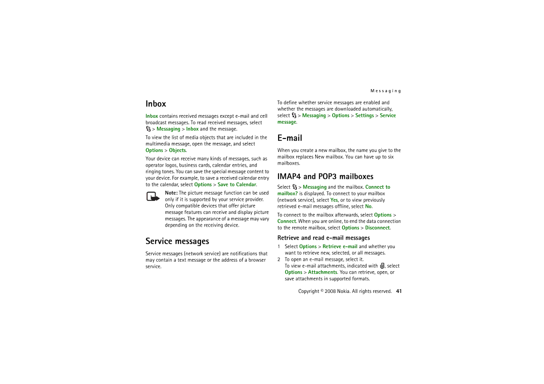 Nokia 6220 manual Inbox, Mail, Service messages, IMAP4 and POP3 mailboxes, Retrieve and read e-mail messages 