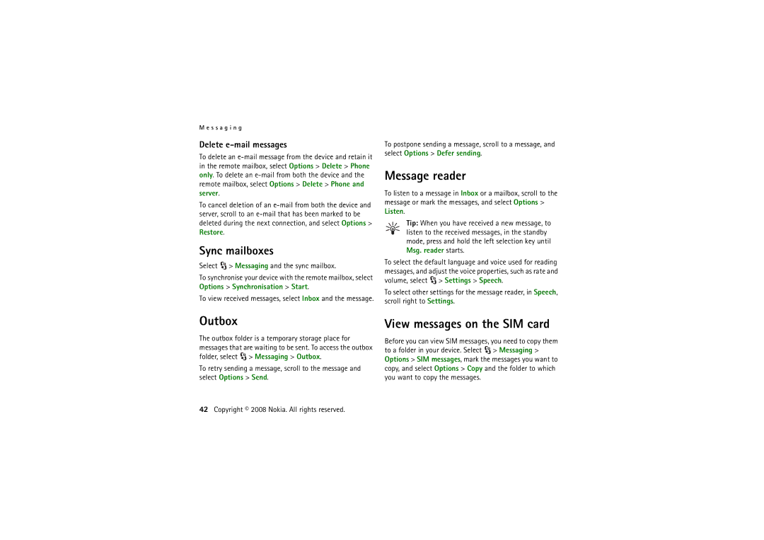 Nokia 6220 manual Message reader, Outbox, View messages on the SIM card, Sync mailboxes, Delete e-mail messages 