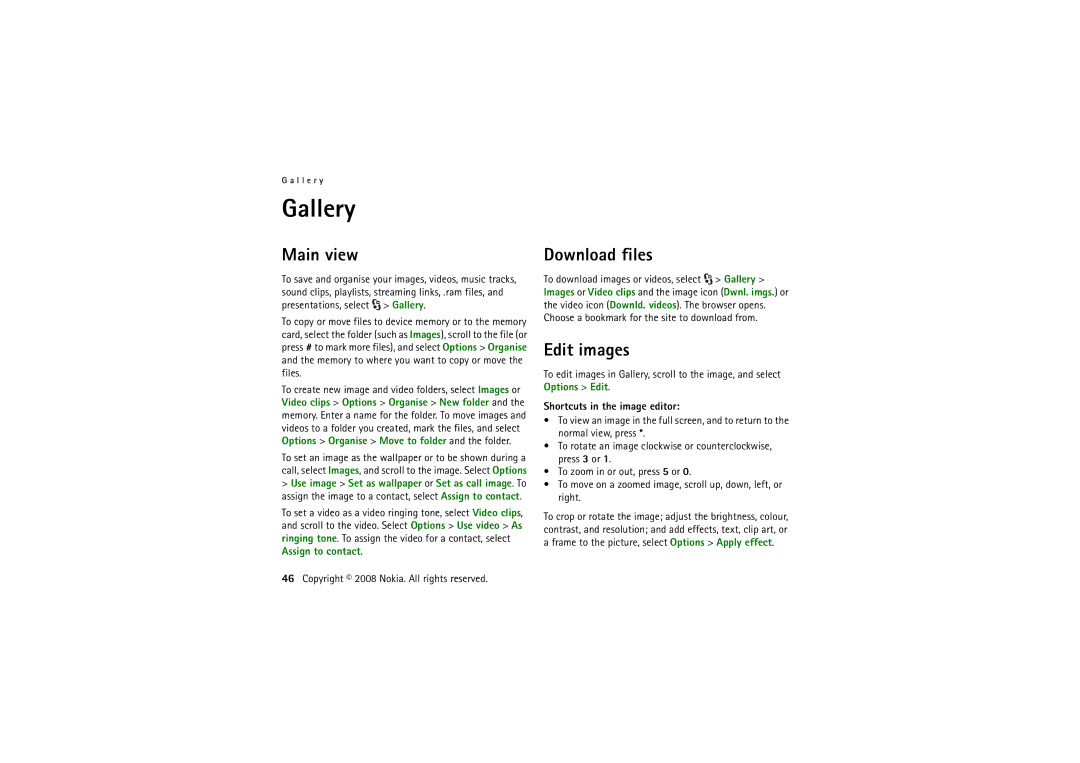 Nokia 6220 manual Gallery, Main view, Download files, Edit images, Shortcuts in the image editor 