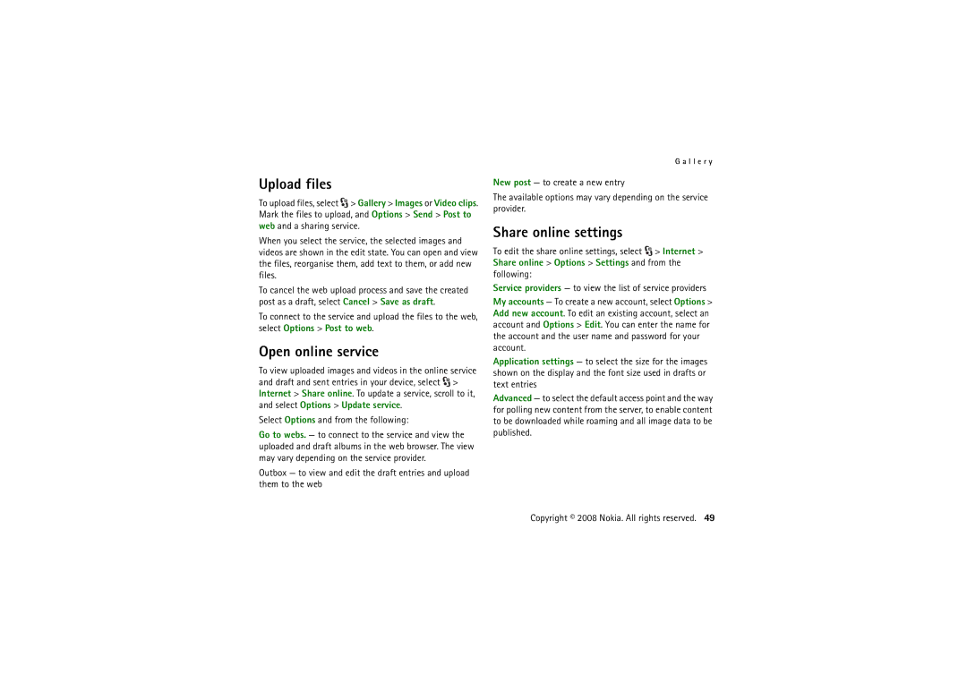 Nokia 6220 manual Upload files, Open online service, Share online settings, Select Options and from the following 