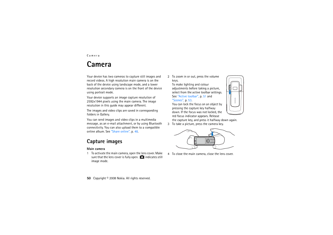 Nokia 6220 manual Camera, Capture images, Main camera 