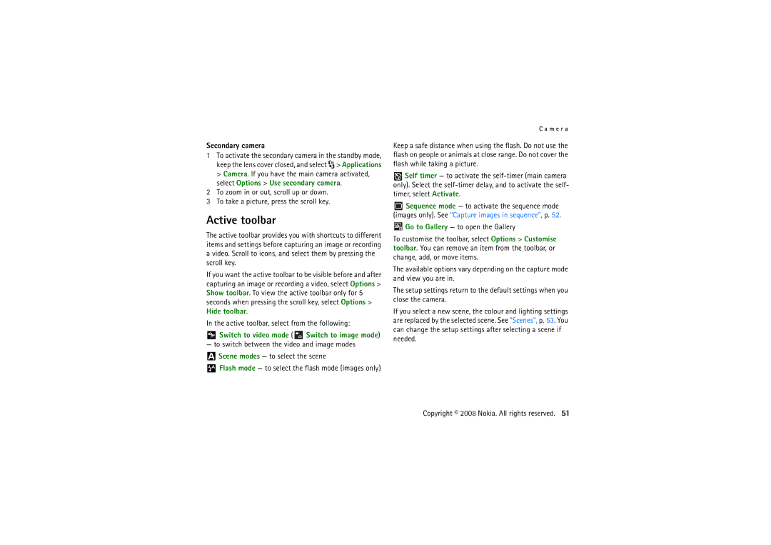 Nokia 6220 manual Active toolbar, Secondary camera 