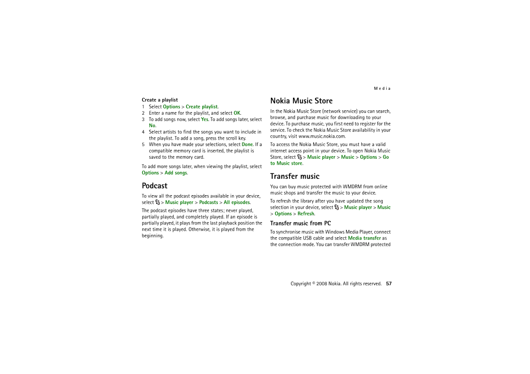 Nokia 6220 manual Podcast, Nokia Music Store, Transfer music from PC 