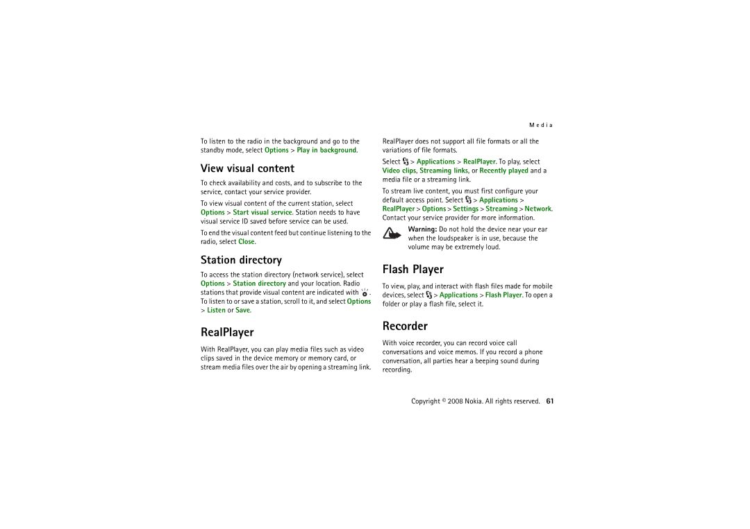 Nokia 6220 manual Flash Player, RealPlayer, Recorder, View visual content, Station directory 