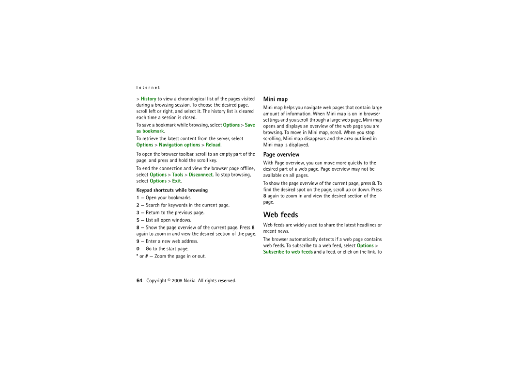 Nokia 6220 manual Web feeds, Mini map, Overview, Keypad shortcuts while browsing 