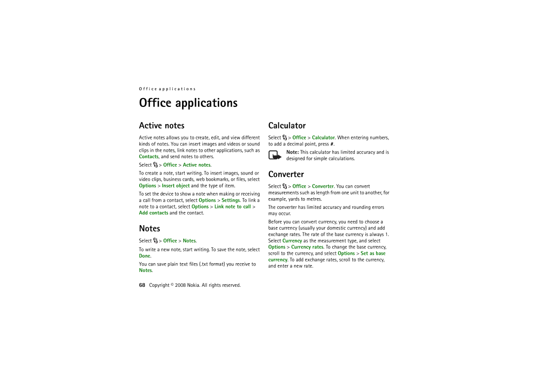 Nokia 6220 manual Office applications, Calculator, Converter, Select Office Active notes 
