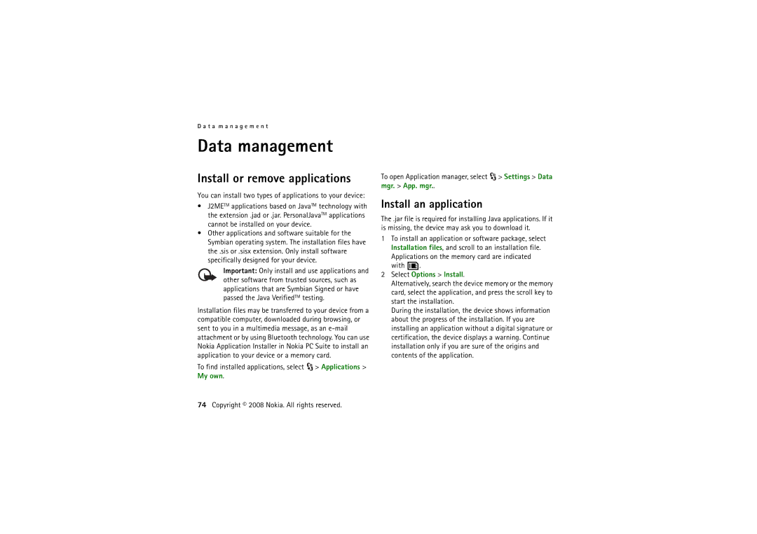 Nokia 6220 manual Data management, Install an application, With, Select Options Install 