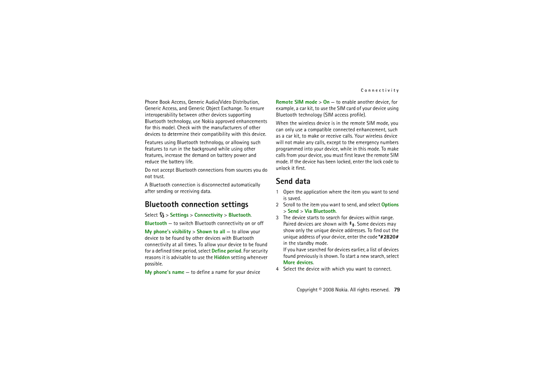 Nokia 6220 manual Bluetooth connection settings, Send data, Select Settings Connectivity Bluetooth 