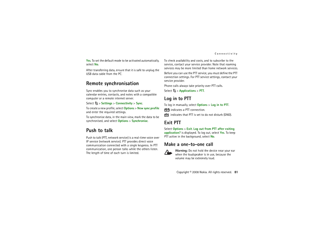 Nokia 6220 manual Remote synchronisation, Push to talk, Log in to PTT, Exit PTT, Make a one-to-one call 