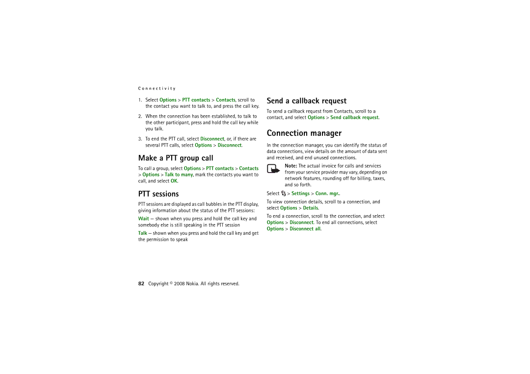 Nokia 6220 Connection manager, Make a PTT group call, PTT sessions, Send a callback request, Select Settings Conn. mgr 