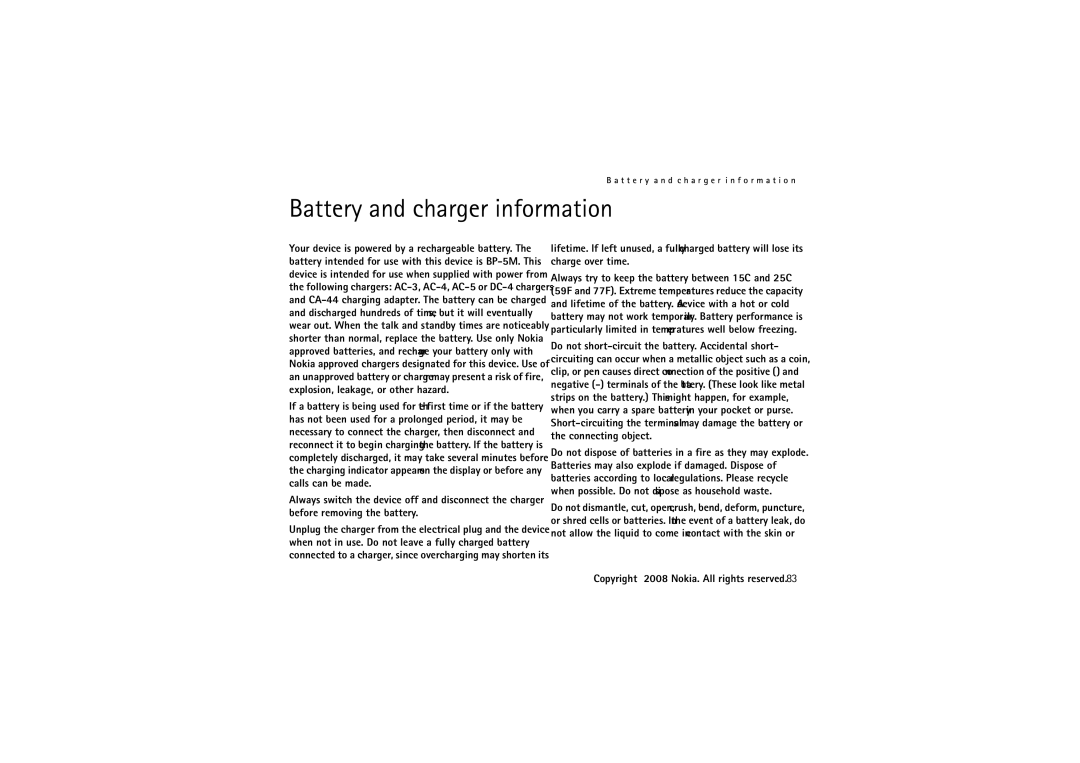 Nokia 6220 manual Battery and charger information 