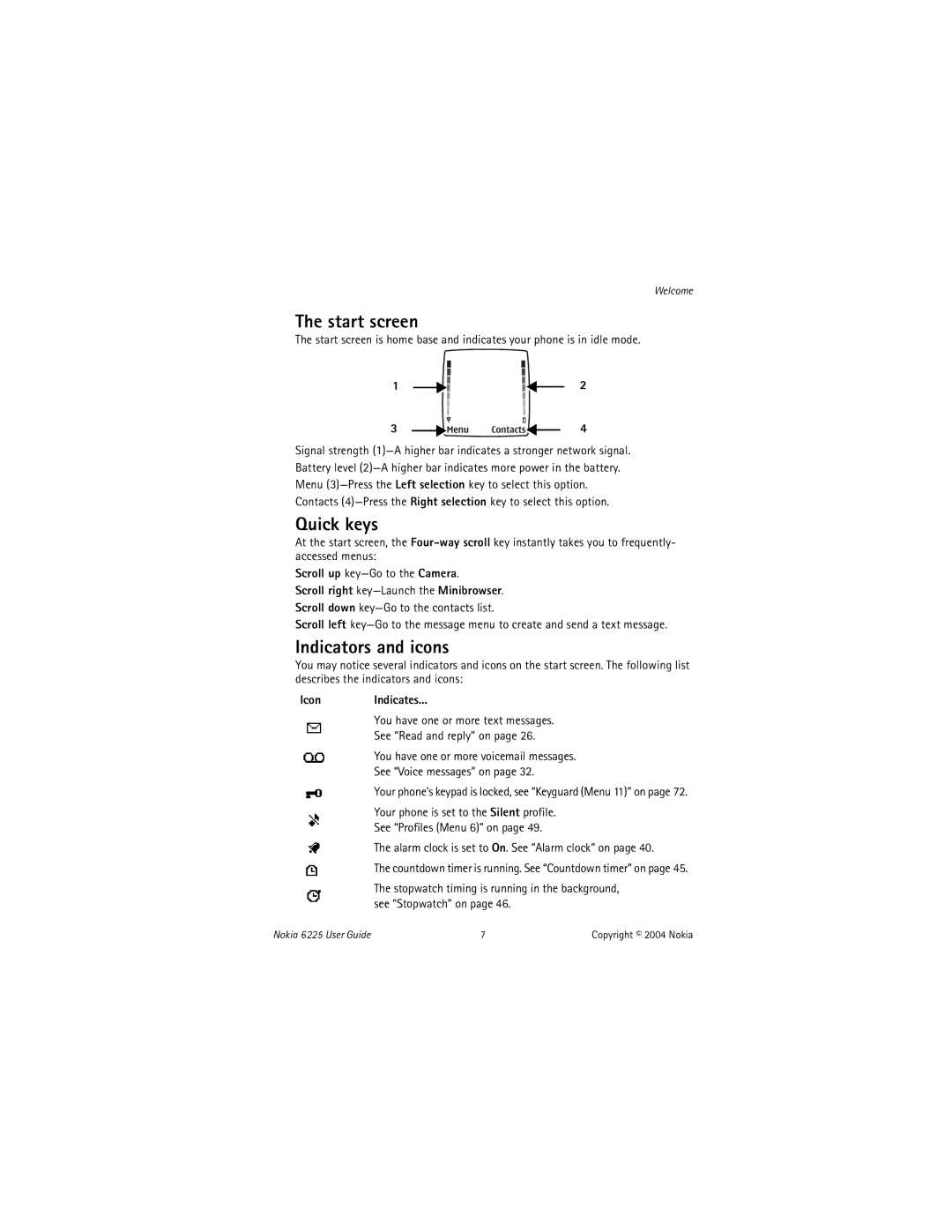 Nokia 6225 manual Start screen, Quick keys, Indicators and icons, Scroll up key-Go to the Camera, IconIndicates 