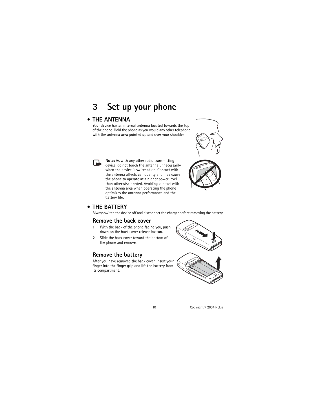 Nokia 6225 manual Set up your phone, Antenna, Battery, Remove the back cover, Remove the battery 