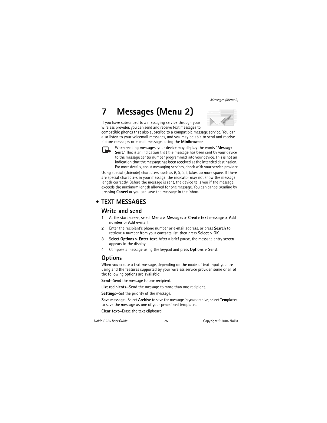 Nokia 6225 manual Messages Menu, Options, Clear text-Erase the text clipboard 