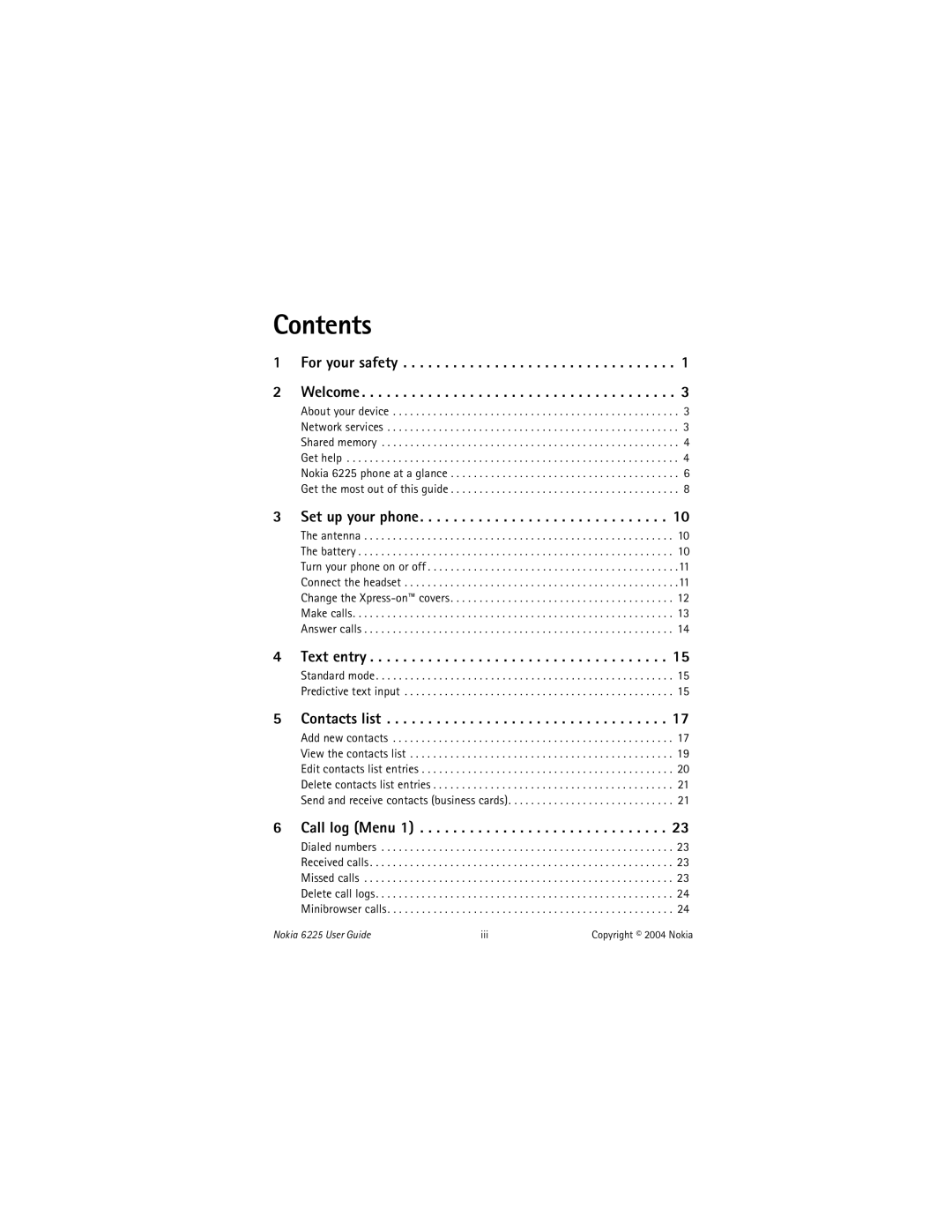 Nokia 6225 manual Contents 