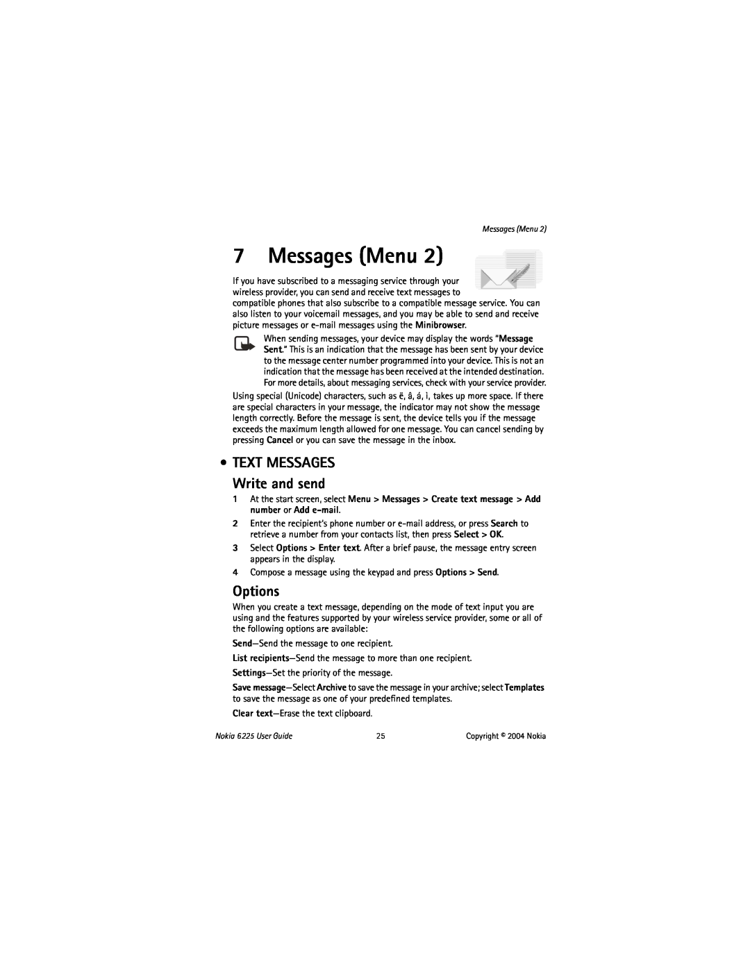 Nokia manual Messages Menu, Options, TEXT MESSAGES Write and send, Nokia 6225 User Guide 