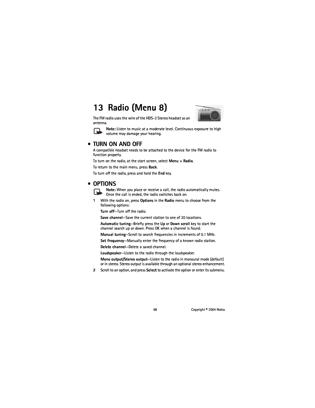 Nokia 6225 manual Radio Menu, Turn On And Off, Options 