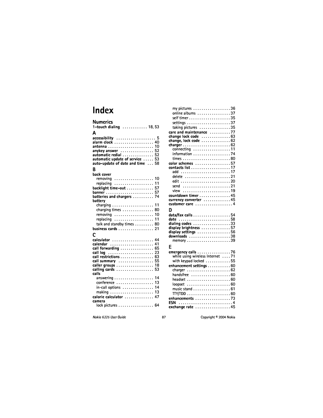 Nokia manual Index, Numerics, back cover, Nokia 6225 User Guide, Copyright 2004 Nokia 