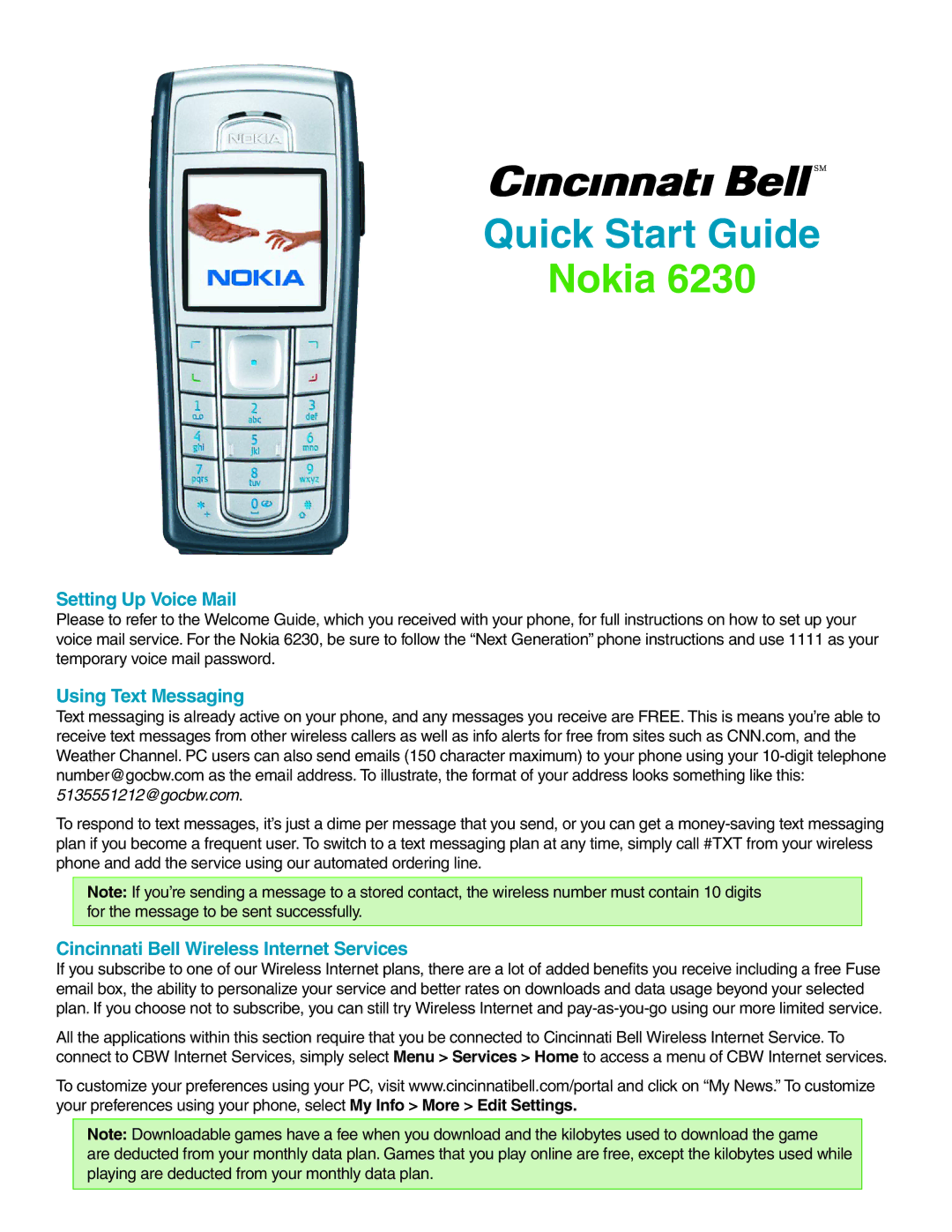 Nokia 6230 quick start Setting Up Voice Mail, Using Text Messaging, Cincinnati Bell Wireless Internet Services 