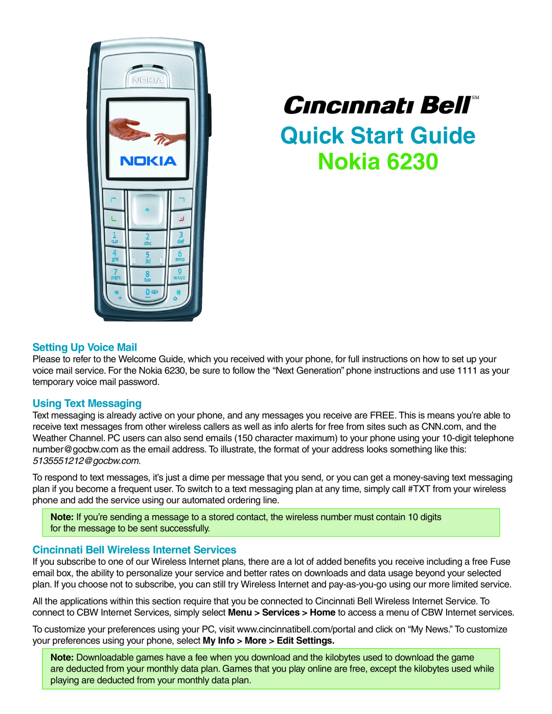 Nokia 6230 quick start Setting Up Voice Mail, Using Text Messaging, Cincinnati Bell Wireless Internet Services, Nokia 