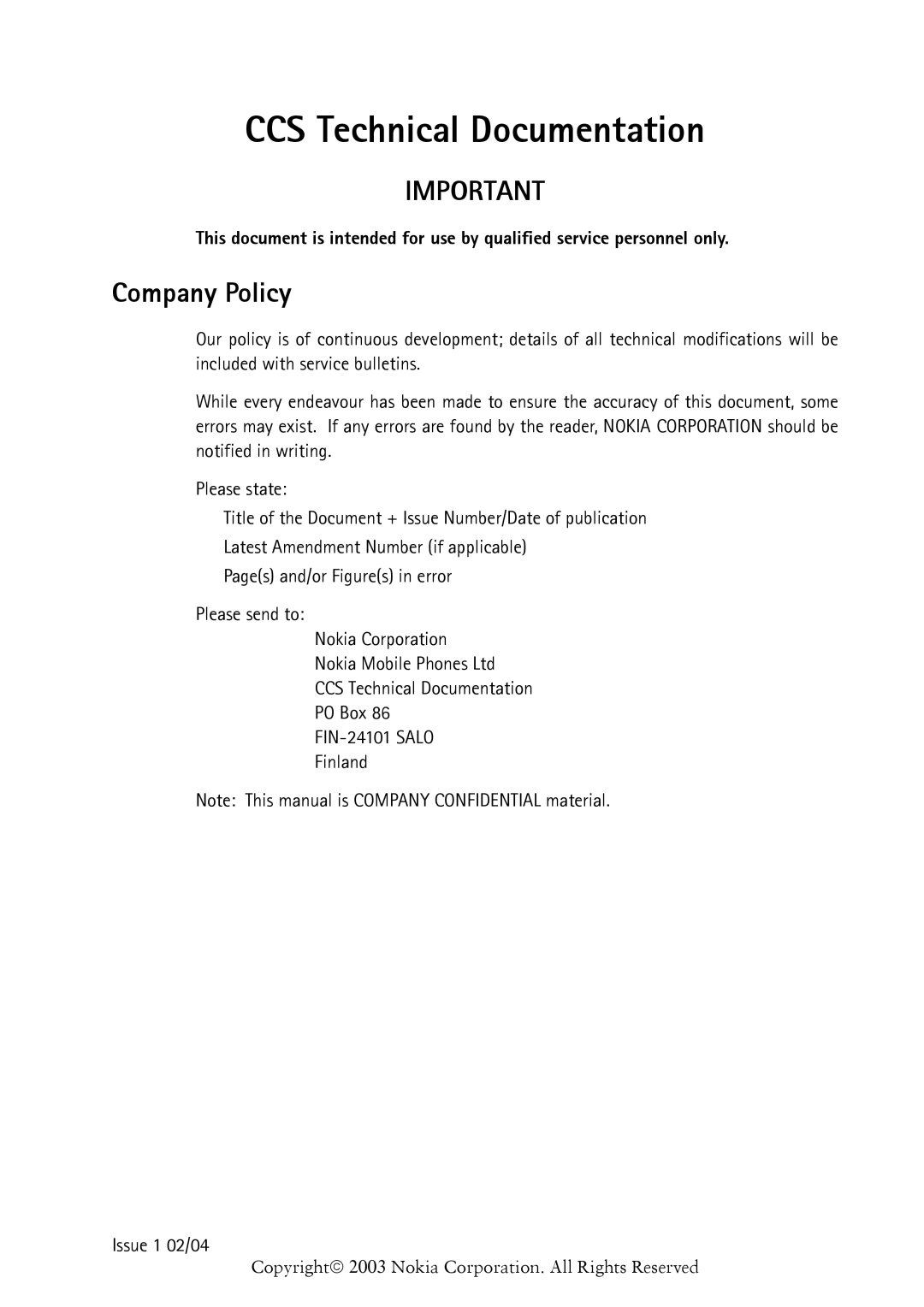 Nokia 6230b service manual Company Policy 