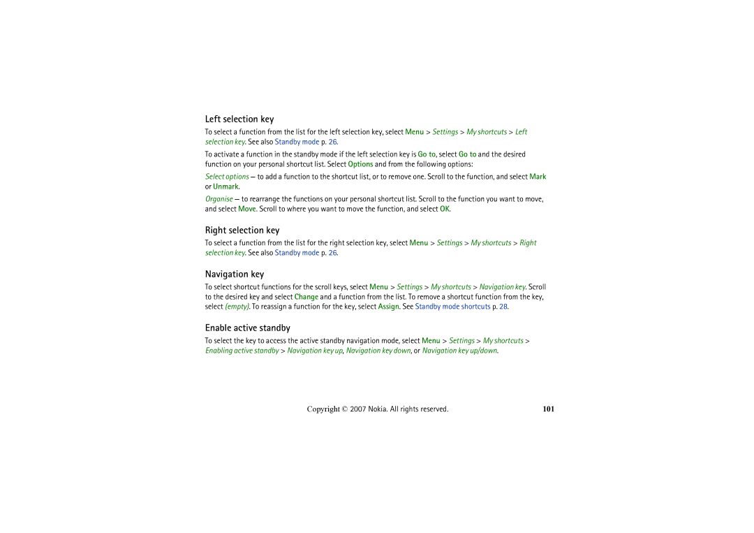 Nokia 6234 manual Left selection key, Right selection key, Navigation key, Enable active standby, 101 