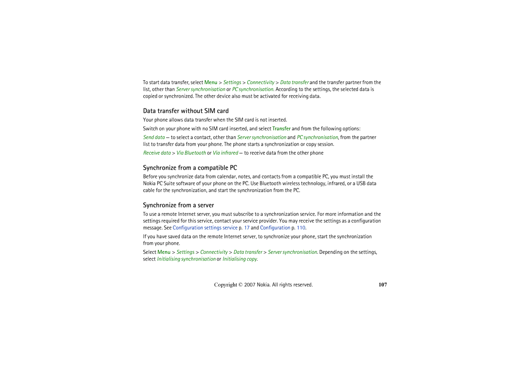 Nokia 6234 manual Data transfer without SIM card, Synchronize from a compatible PC, Synchronize from a server, 107 