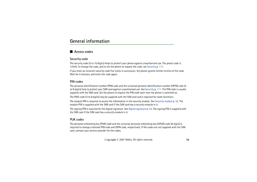 Nokia 6234 manual General information, Access codes, Security code, PIN codes, PUK codes 