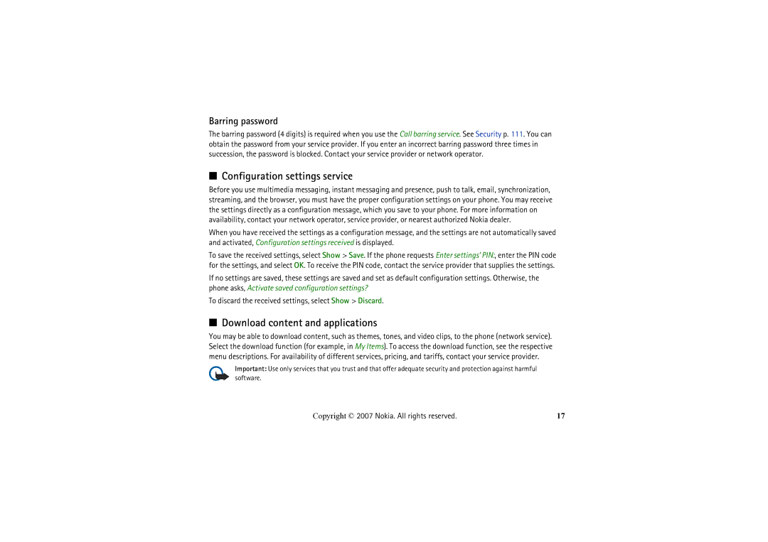 Nokia 6234 manual Configuration settings service, Download content and applications, Barring password 