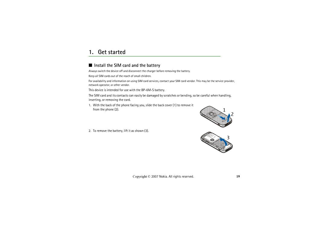 Nokia 6234 manual Get started, Install the SIM card and the battery 