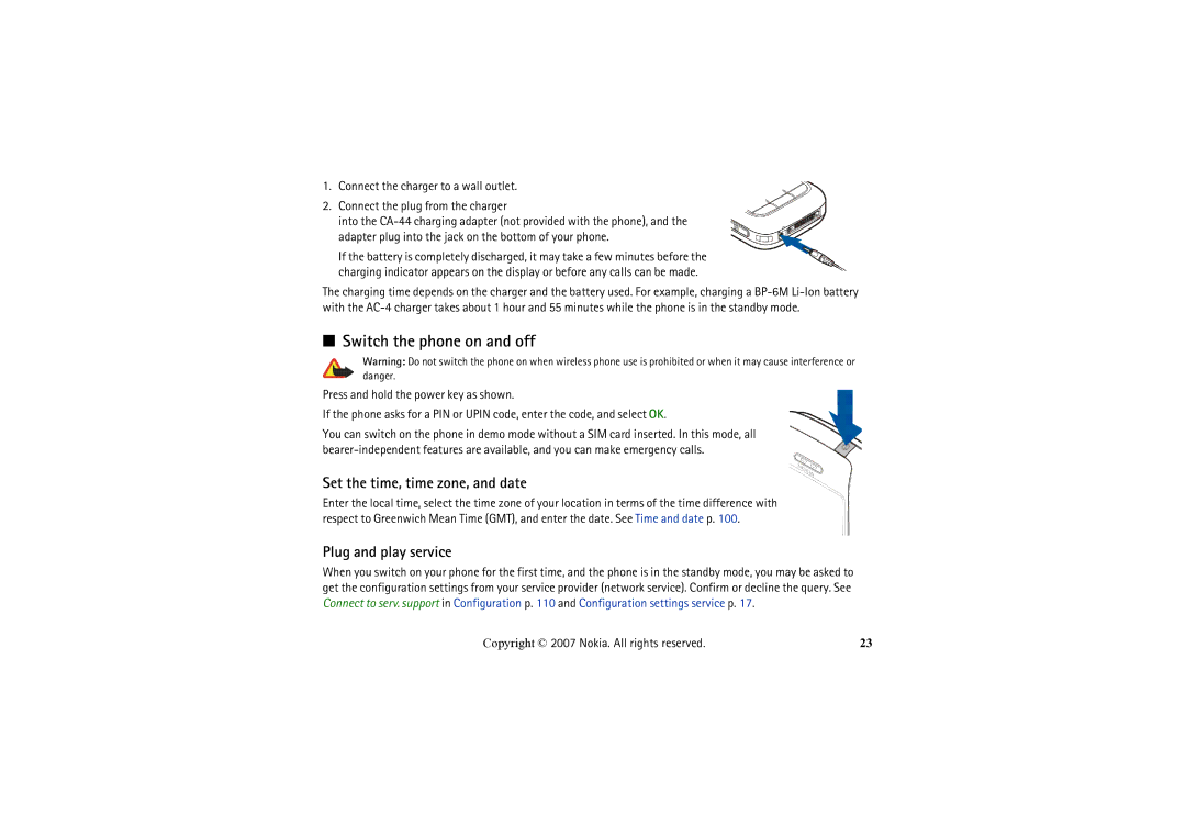 Nokia 6234 manual Switch the phone on and off, Set the time, time zone, and date, Plug and play service 