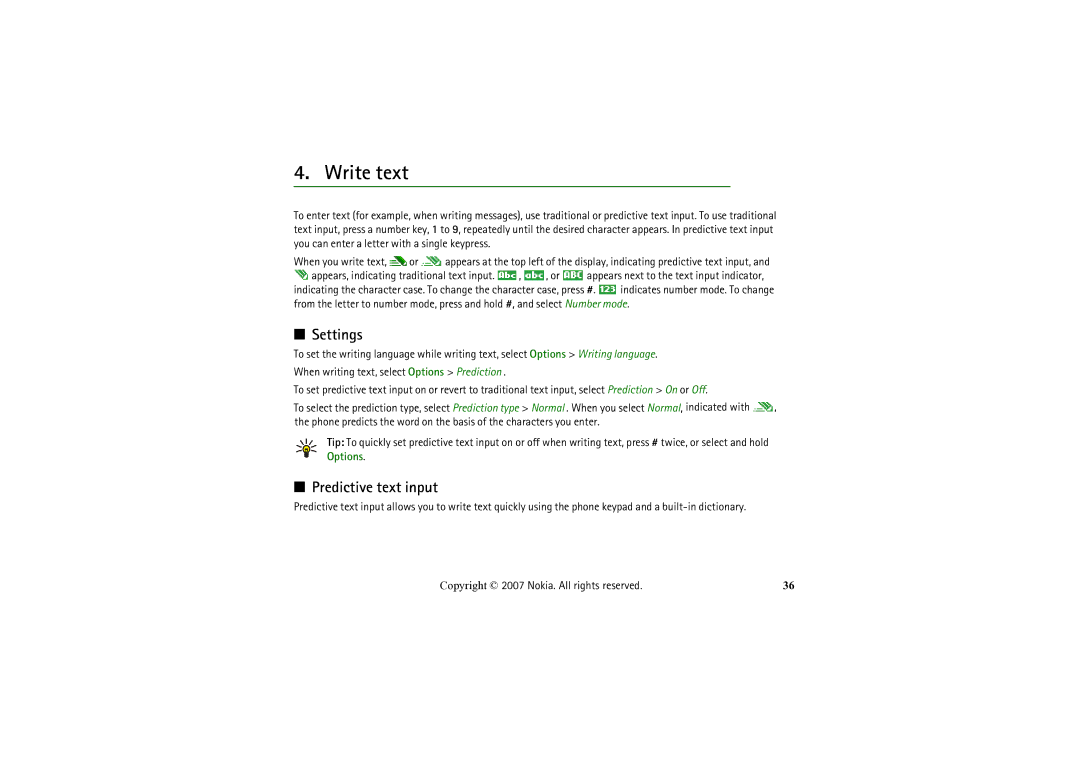Nokia 6234 manual Write text, Settings, Predictive text input 