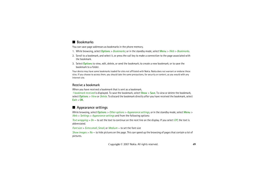 Nokia 6234 manual Bookmarks, Appearance settings, Receive a bookmark 