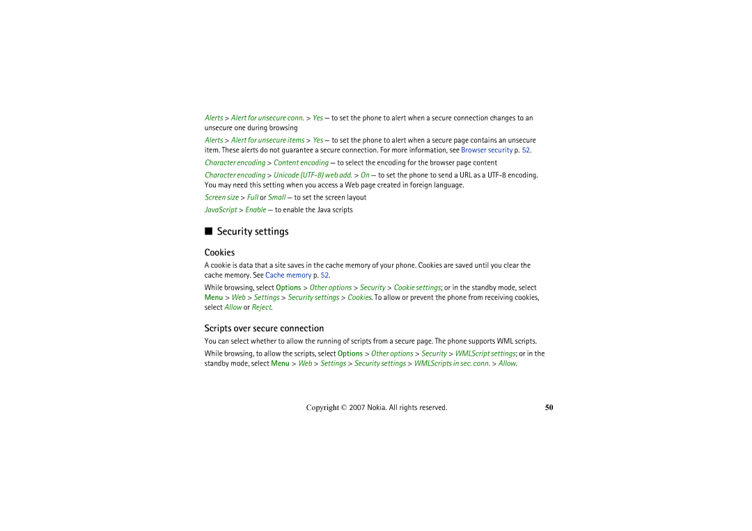 Nokia 6234 manual Security settings, Cookies, Scripts over secure connection 