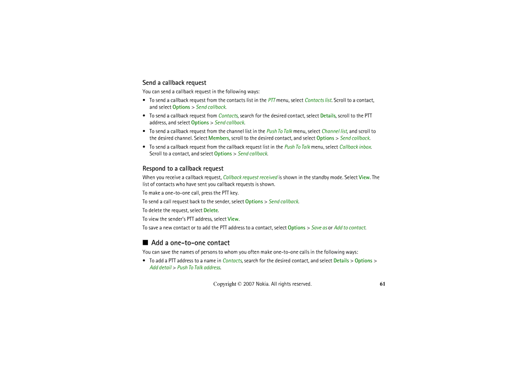 Nokia 6234 manual Add a one-to-one contact, Send a callback request, Respond to a callback request 