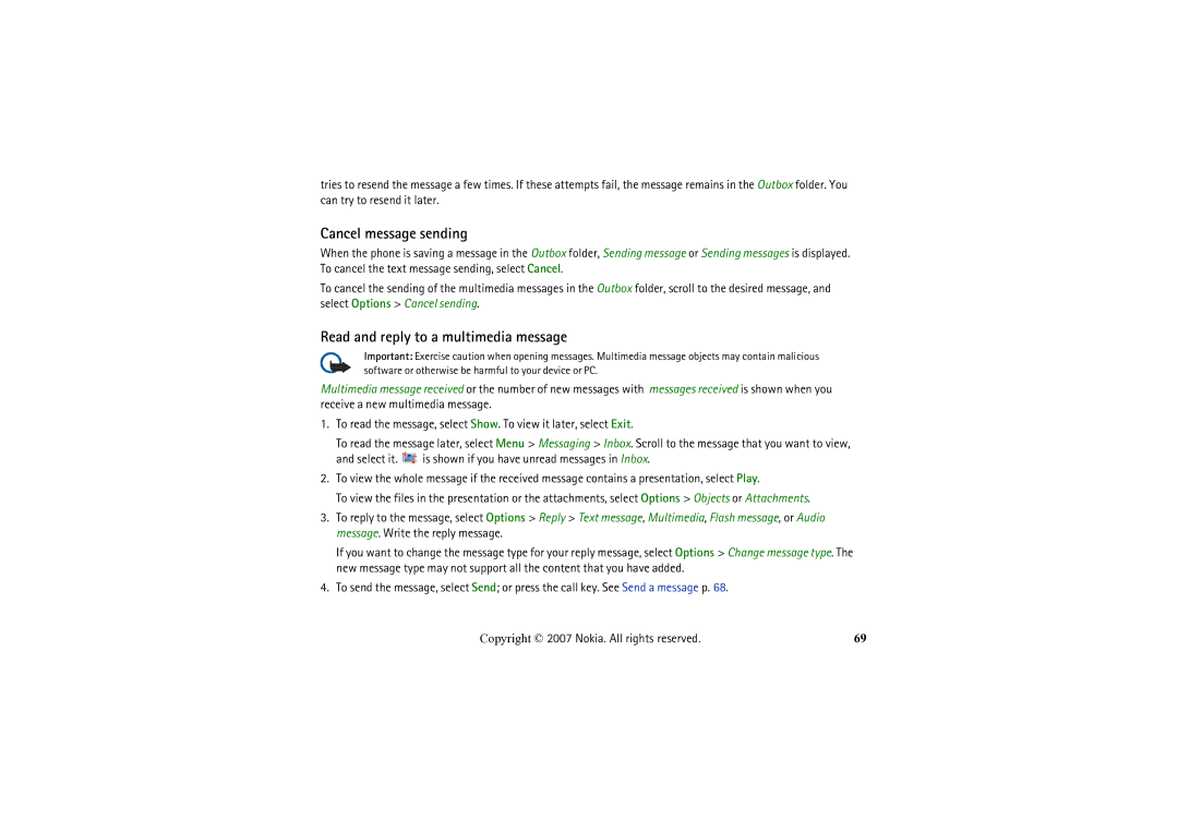 Nokia 6234 manual Cancel message sending, Read and reply to a multimedia message 
